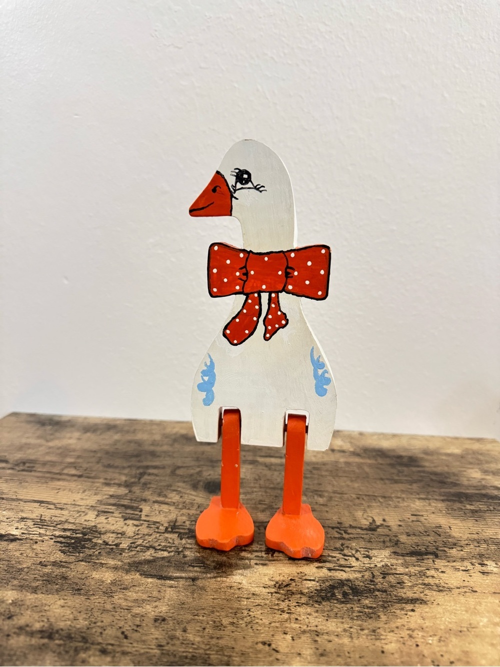 Wooden Goose Shelf Sitter Orange Polka Dot Bow Dangling Legs - Picture 5 of 8
